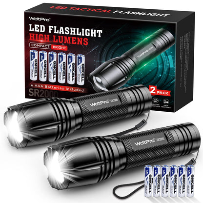 WdtPro LED Flashlight High Lumens SR2000 Pro, 2 Pack Brighter Tactical Flashlights with 5 Modes & Zoomable, Powerful Mini Flash Light for Emergency, Camping, Hiking (Black)