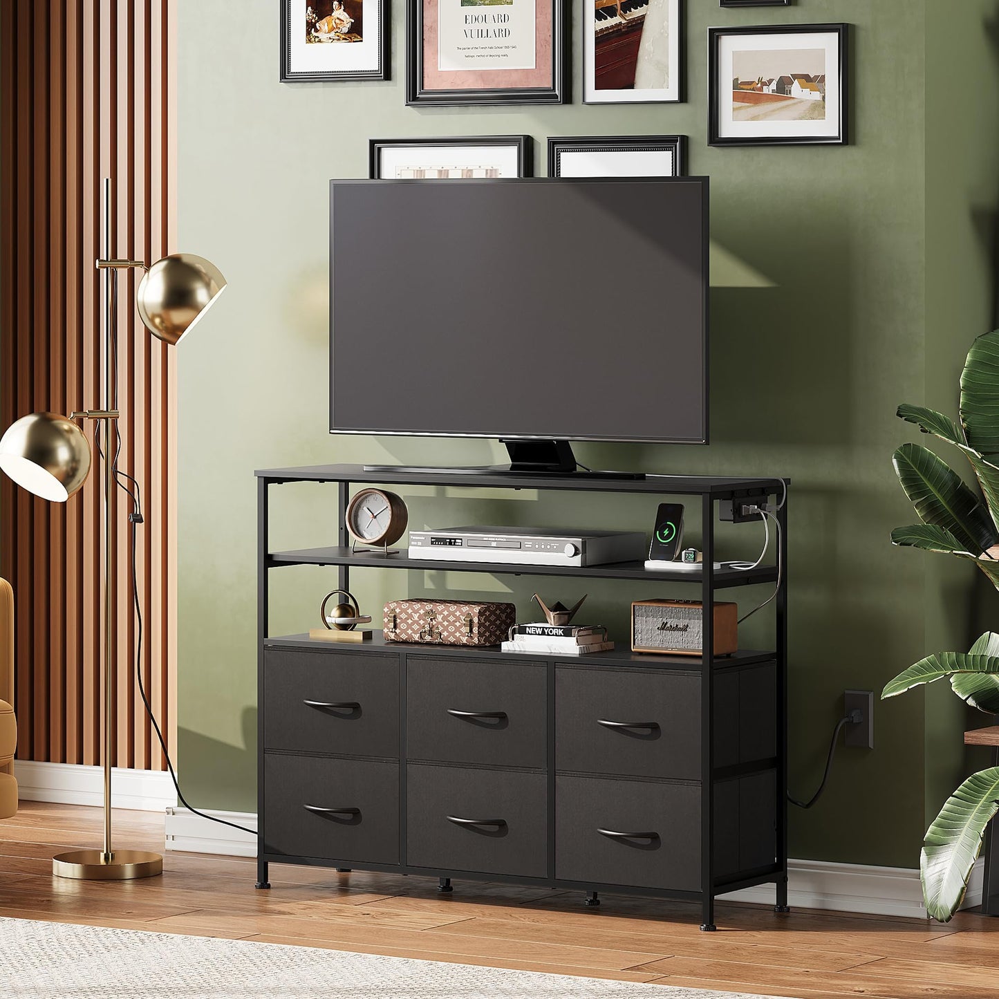 WLIVE Black TV Stand for 40, 45 inch TV, Entertainment Center with LED Lights & Charging Station, TV Media Console Table with 6 Fabric Drawers and Open Shelves for Living Room, Hallway, Wood Top