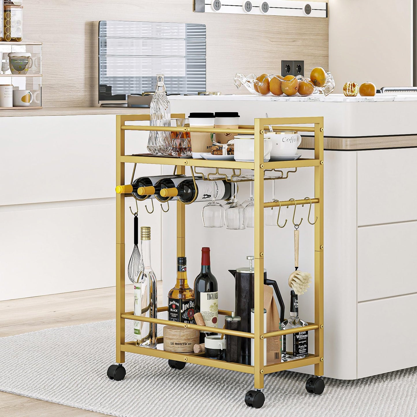 Gold Rolling Beverage Cart with Mirrored Shelves