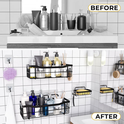 MAYRO Shower Shelves 5 Pack - Rustproof Shower Caddy - Easy to Install - Self Adhesive Bathroom Shower Organizer - Durable Shower Shelf for Inside Shower - Large Capacity Black Shower Rack