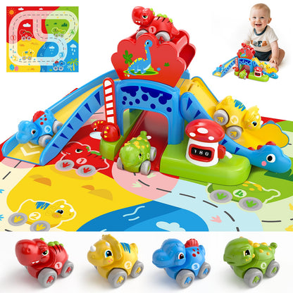 Toddler Toys for 1 Year Old Boy Gifts - Educational Dinosaur Slide Set with 4 Color/Number Push Cars and Playmat, Montessori Learning Toy for Baby 12-18 Months, 1st Birthday Present Ages 1-1.5, Red