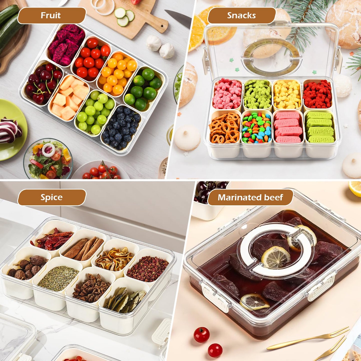 joyddo Divided Serving Tray with Lid and Handle,Snackle Box Container mit 8 Compartments Clear Serving Platters and Trays,Snack Platters for Veggie Fruits Tray, for Picnic Party Travel(with 4 Forks)