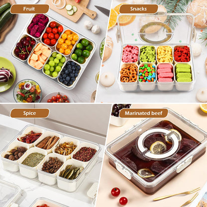 joyddo Divided Serving Tray with Lid and Handle,Snackle Box Container mit 8 Compartments Clear Serving Platters and Trays,Snack Platters for Veggie Fruits Tray, for Picnic Party Travel(with 4 Forks)
