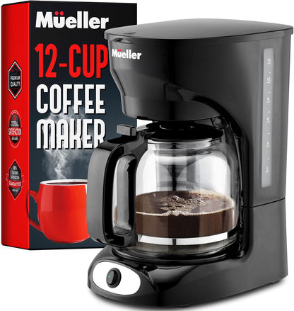 UPDATE: NOW $16.49! Mueller 12-Cup Drip Coffee Maker, Auto Keep Warm Function, Smart Anti-Drip System, with Durable Permanent Filter and Borosilicate Glass Carafe, Clear Water Level Window Coffee Machine