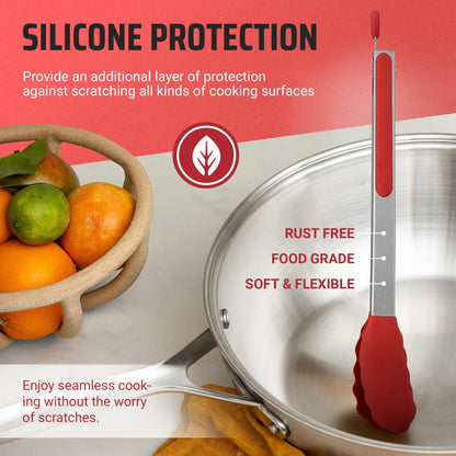 Kaluns Kitchen Tongs for Cooking Grilling Set of 4, BBQ Grill Tongs With Silicone Tip Stainless Steel Heat Resistant, Non-stick Pull Lock, Incl 7, 9, 12 Inch Tong Plus a Silicone Spatula