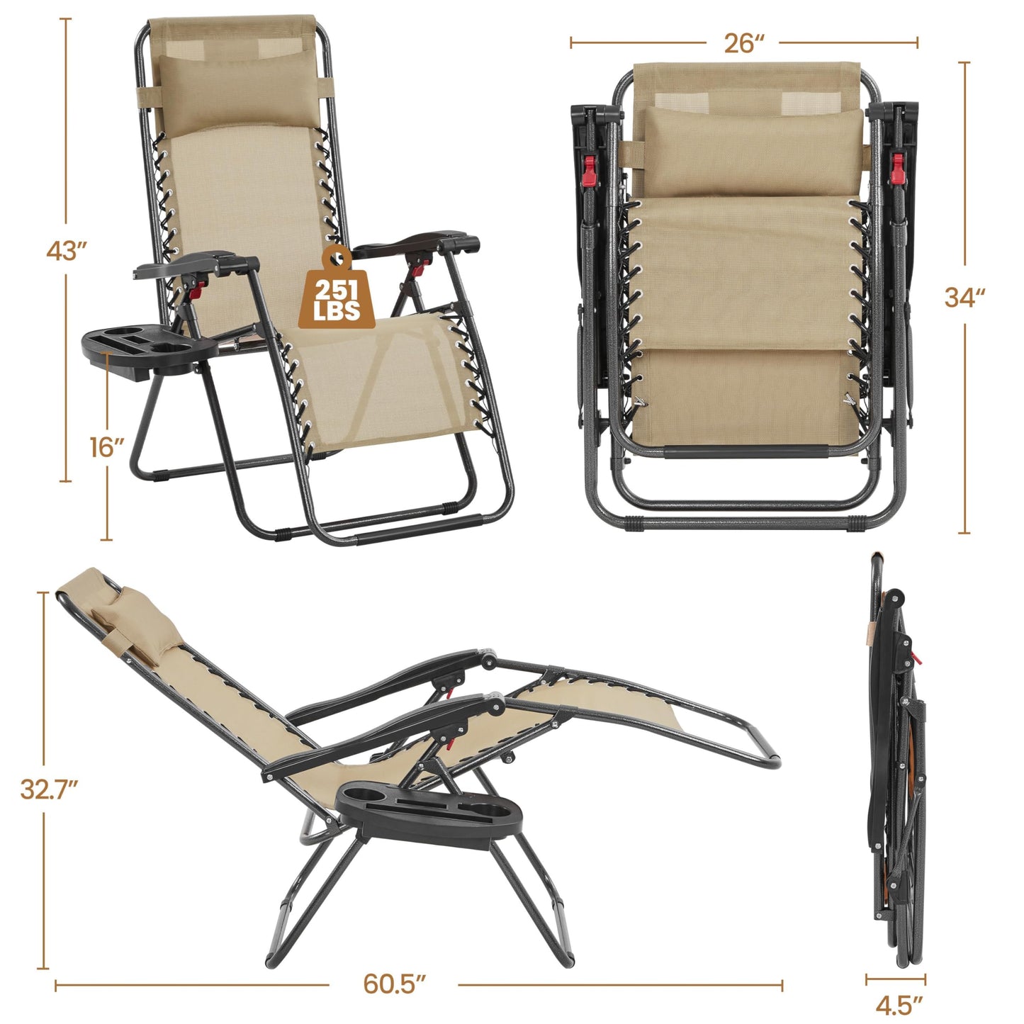 Yaheetech Zero Gravity Recliners Outdoor Adjustable Folding Reclining Lounge Chairs w/Pillows, Cup Holder Trays and Carry Strap for Patio Backyard Beach Beige Set of 2