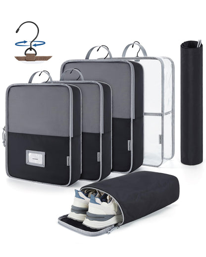 BAGSMART Hanging Packing Cubes for Travel, 6 Set Clear Waterproof Packing Cubes for Suitcases, Storage Organizer for Hanging Closet with Zipper, Handles and Hook Black