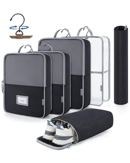 BAGSMART Hanging Packing Cubes for Travel, 6 Set Clear Waterproof Packing Cubes for Suitcases, Storage Organizer for Hanging Closet with Zipper, Handles and Hook Black