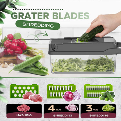 Vegetable Chopper, Raipeu 14 in 1 Multifunctional Food Chopper With Vegetable Peeler, Kitchen Vegetable Slicer Dicer Cutter with Container, Chopper for Onion Carrot Cucumber(Grey)