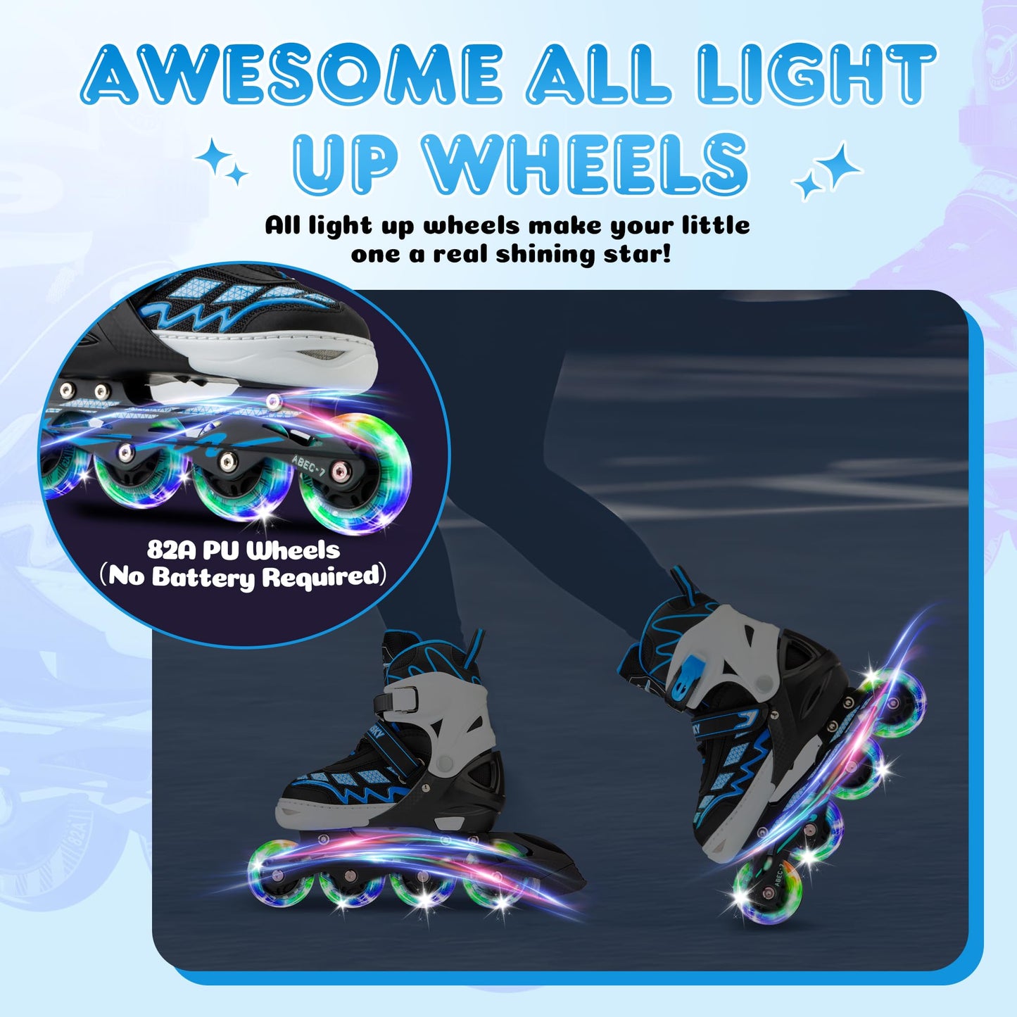 OBENSKY Inline Skates for Kids Ages 5-8, Adjustable Inline Skates for Boys and Girls 8-12 with Light Up Wheels, Outdoor Roller Skates for Beginners Children Teens with Free Skate Bag - Large,Blue