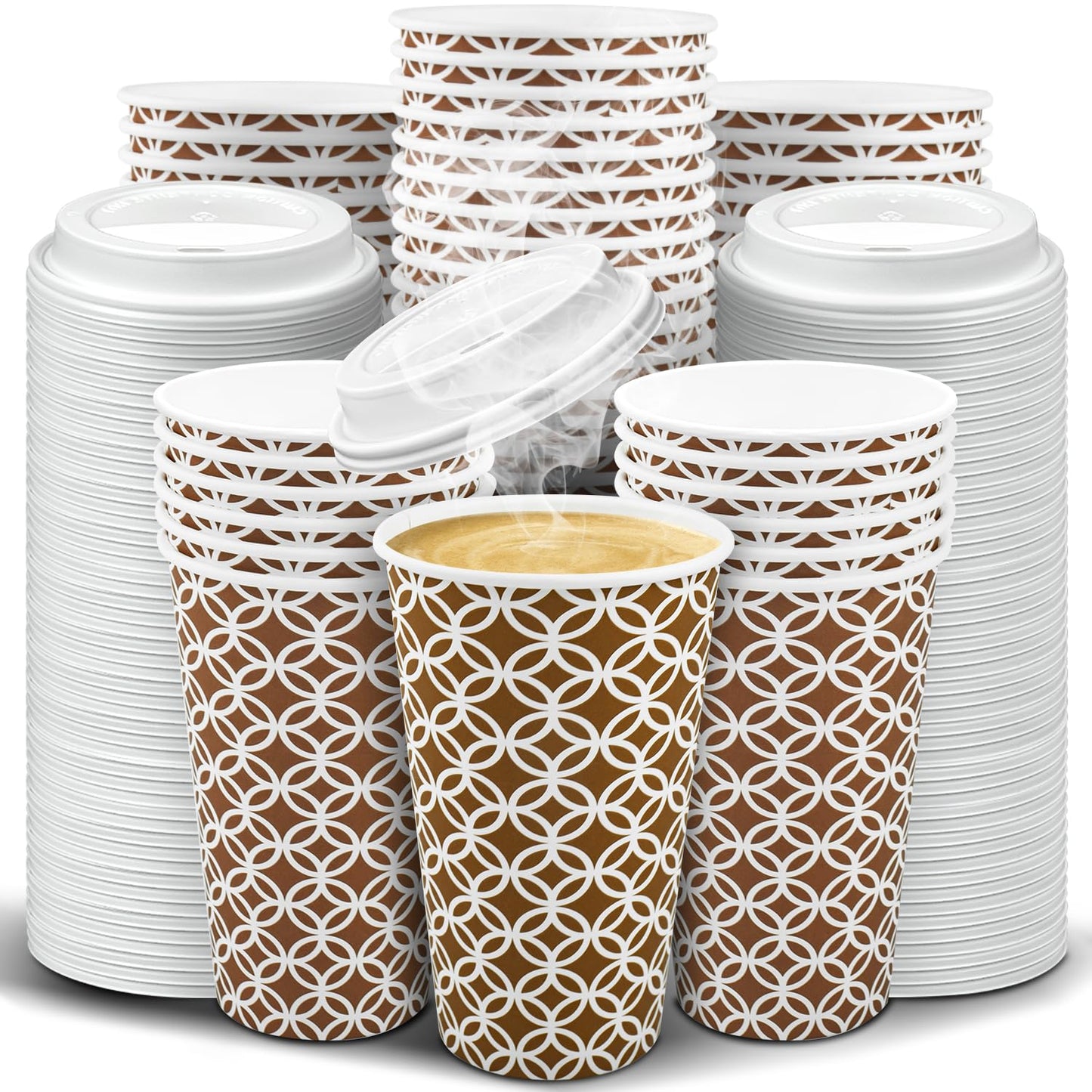 Ginkgo 100 Pack Disposable To Go Coffee Cups with Lids 16 oz, Brown Minimalist Pattern Paper Hot CoCoa Cups Suitable for Travel, Party, Shops Cafes