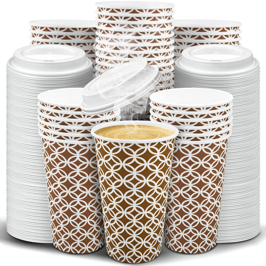 Ginkgo 100 Pack Disposable To Go Coffee Cups with Lids 16 oz, Brown Minimalist Pattern Paper Hot CoCoa Cups Suitable for Travel, Party, Shops Cafes