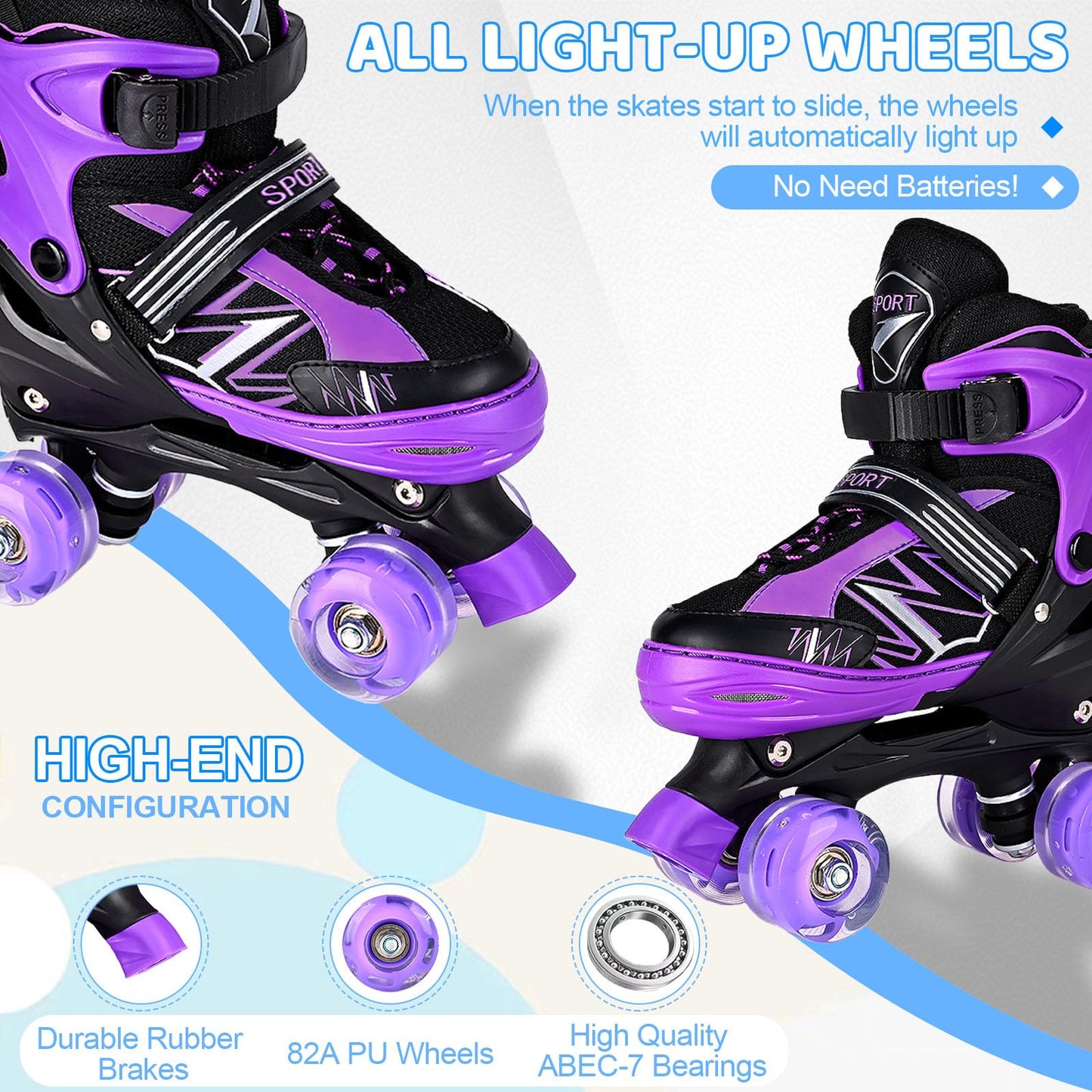 SYXKJ Boys Girls 4 Size Adjustable Kids Roller Skates for Children Toddlers Beginner with All Light Up Wheels, Birthday Gift for Outdoor Indoor Sports (Black Purple, Medium)