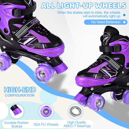 SYXKJ Boys Girls 4 Size Adjustable Kids Roller Skates for Children Toddlers Beginner with All Light Up Wheels, Birthday Gift for Outdoor Indoor Sports (Black Purple, Medium)