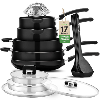 UPDATE: DEAD! NutriChef Kitchenware Cookware, Non-Stick Pans and Pots with foldable Knob, Space Saving, Stackable, Nylon Tools, Induction Base, Black (17-Piece Set), One Size