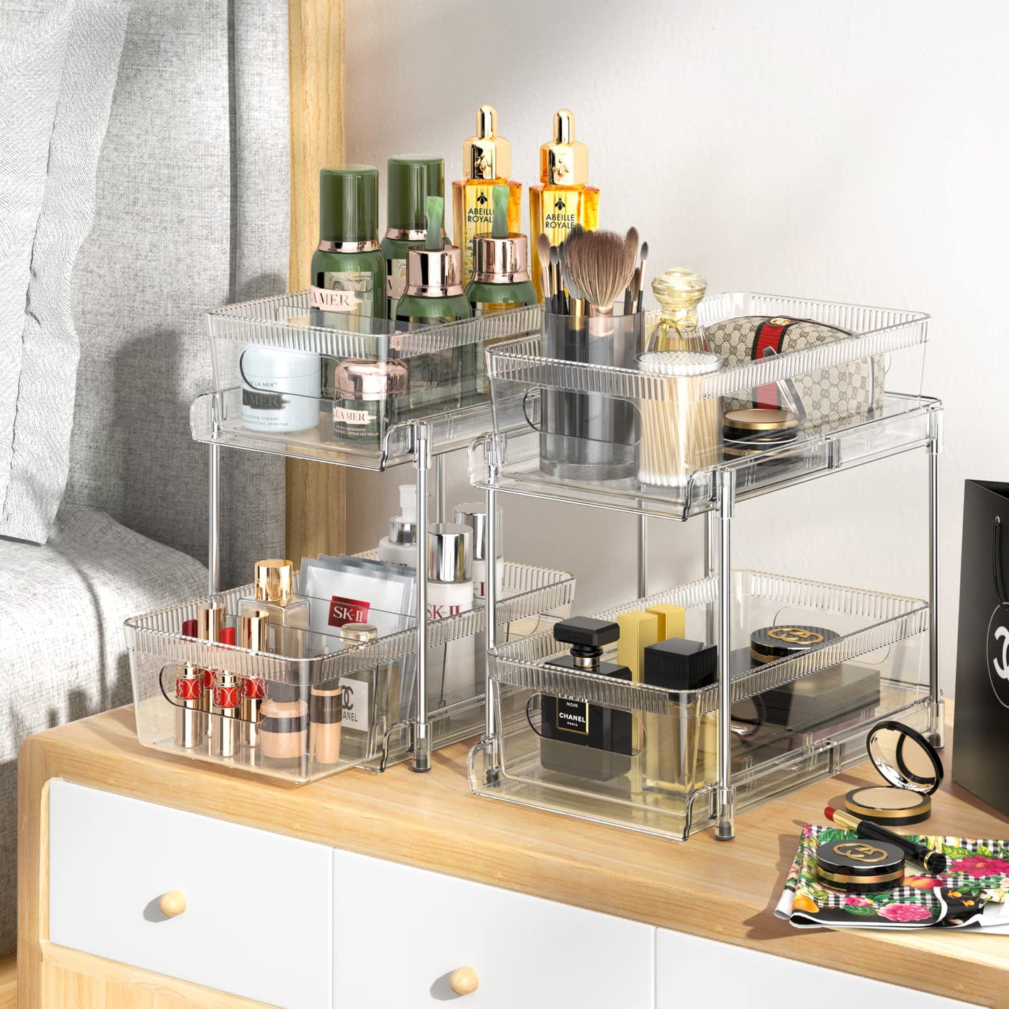 YOOMIDDA Bathroom Storage Organizer with Dividers, 2 Tier Multi-Purpose Kitchen Under Sink Organizers and Storage Slide-Out, Closet Organization, Kitchen Pantry Cabinet Medicine Bins