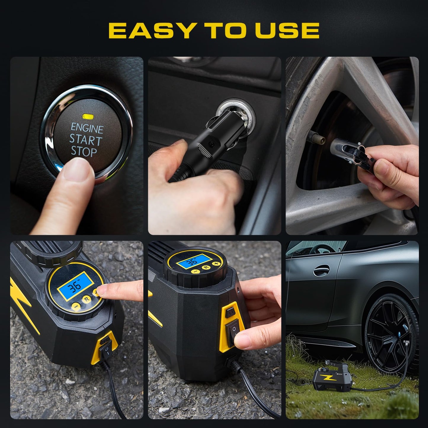 FADAKWALT Tire Inflator Portable Air Compressor, DC 12V Tire Air Pump with LED and 150PSI Digital Pressure Gauge, Portable Tire Inflator for Car Tires, Motorcycles, Bike, Ball (Yellow)