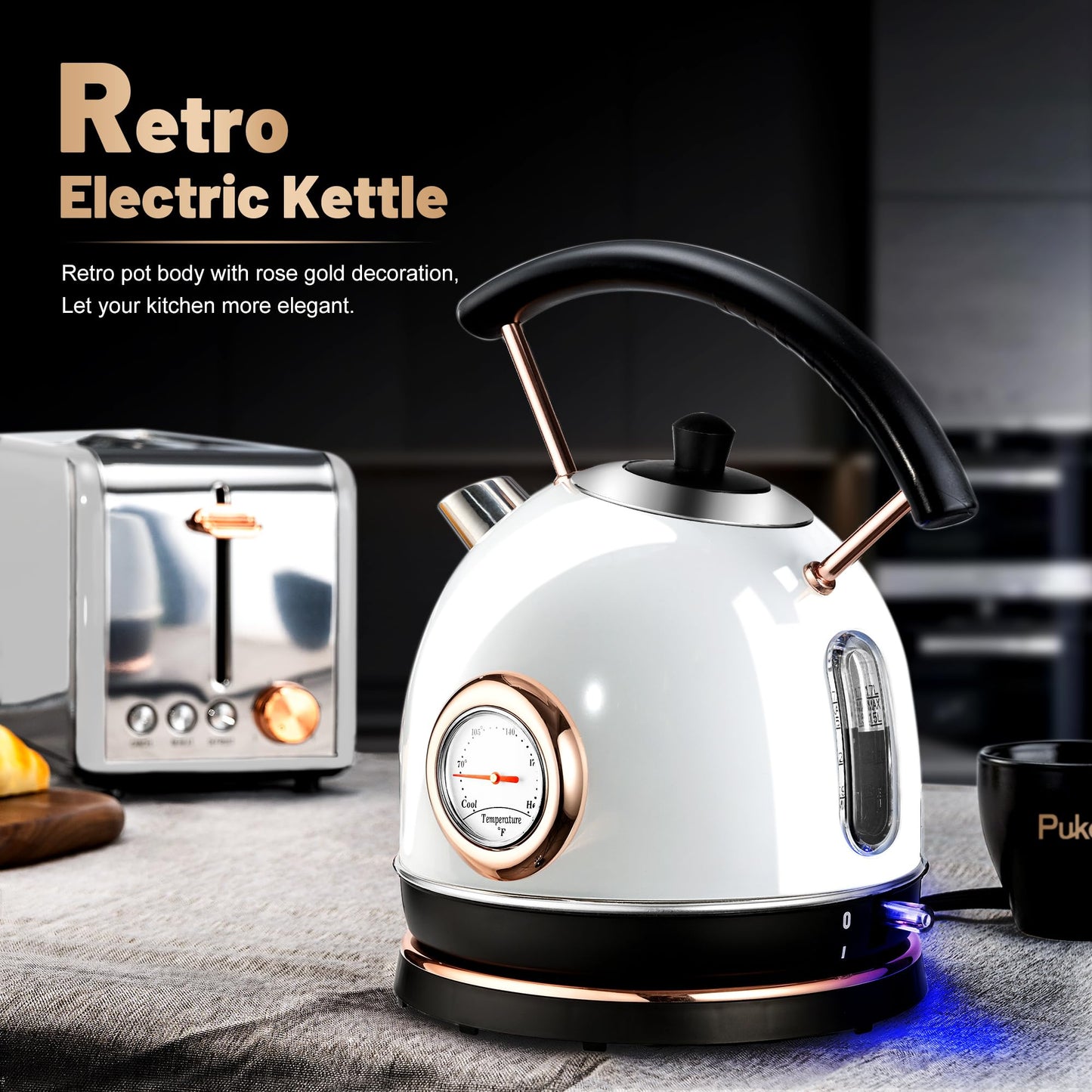 Pukomc Retro Electric Kettle Stainless Steel 1.7L Tea Kettle, Hot Water Boiler with Temperature Gauge, Led Light, Fast Boiling, Auto Shut-Off&Boil-Dry Protection (White)