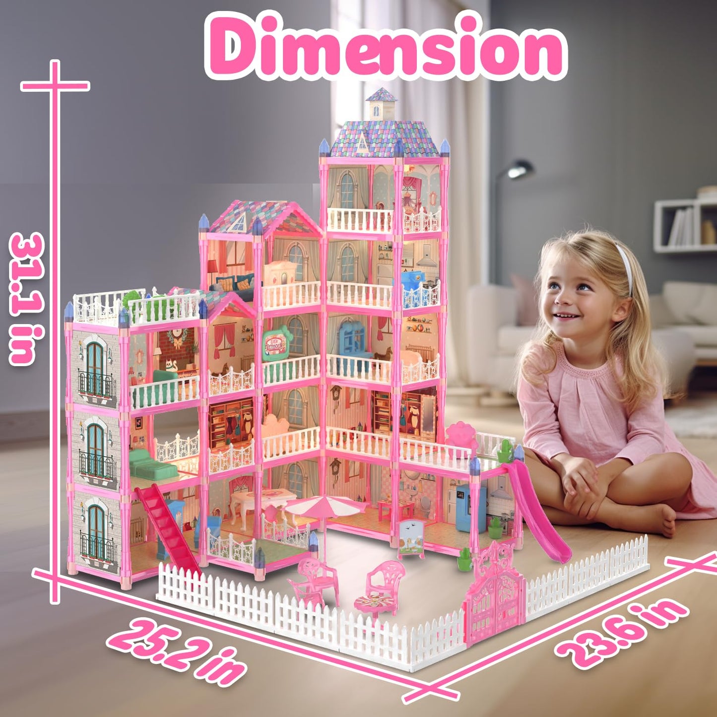 JoyZin 374Pcs Doll House for Girls, 15 Rooms Princess Playhouse with Lights, Dolls, Furniture, Accessories, Pretend Play Dream House Toys for 3 4 5 6 7 8 9 10 Years Old Kids Toddlers Gifts