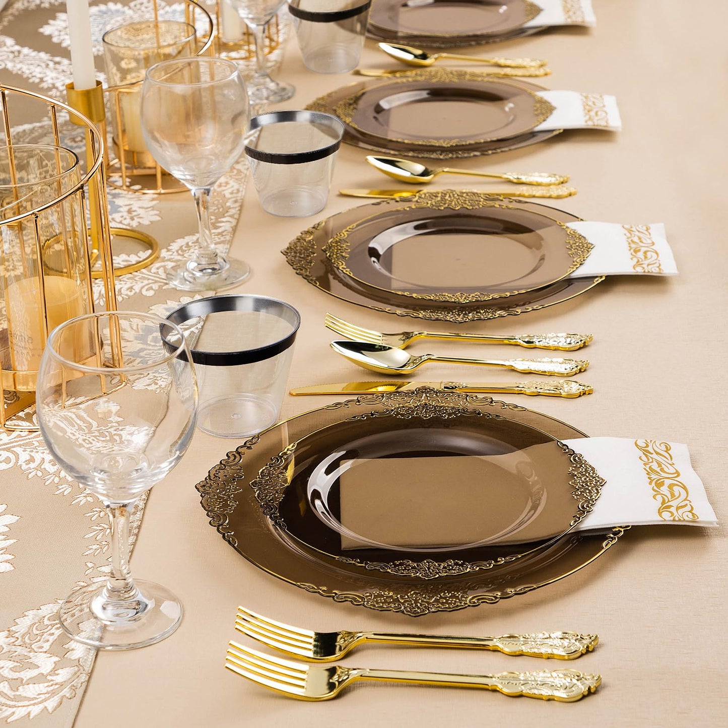 Bestluck 350PCS Clear Black Plastic Plates for 50 Guests, Disposable Plates with Gold Trim include 50 Dinner plates, 50 Dessert Plates, 150 Gold Silverware, 50 Cups, 50 Napkins for Wedding & Party