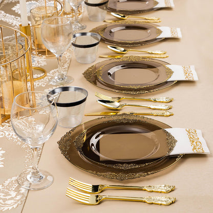 Bestluck 350PCS Clear Black Plastic Plates for 50 Guests, Disposable Plates with Gold Trim include 50 Dinner plates, 50 Dessert Plates, 150 Gold Silverware, 50 Cups, 50 Napkins for Wedding & Party