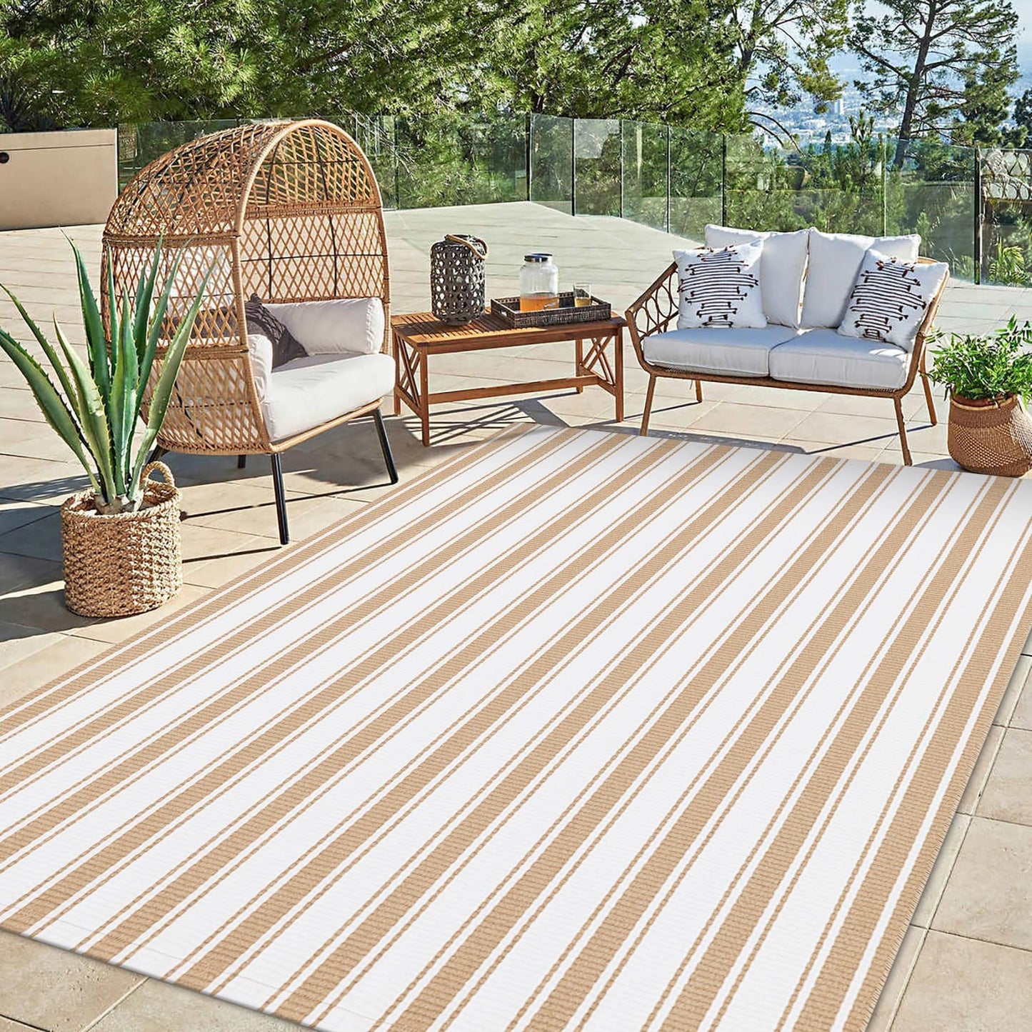 LEEVAN Indoor Outdoor Rug 5x7ft, Tan Washable Patio Rug, Reversible Living Room Carpet, Cotton Woven Camping Rug Clearance, Outside Striped Deck Carpet for Backyard/Pool