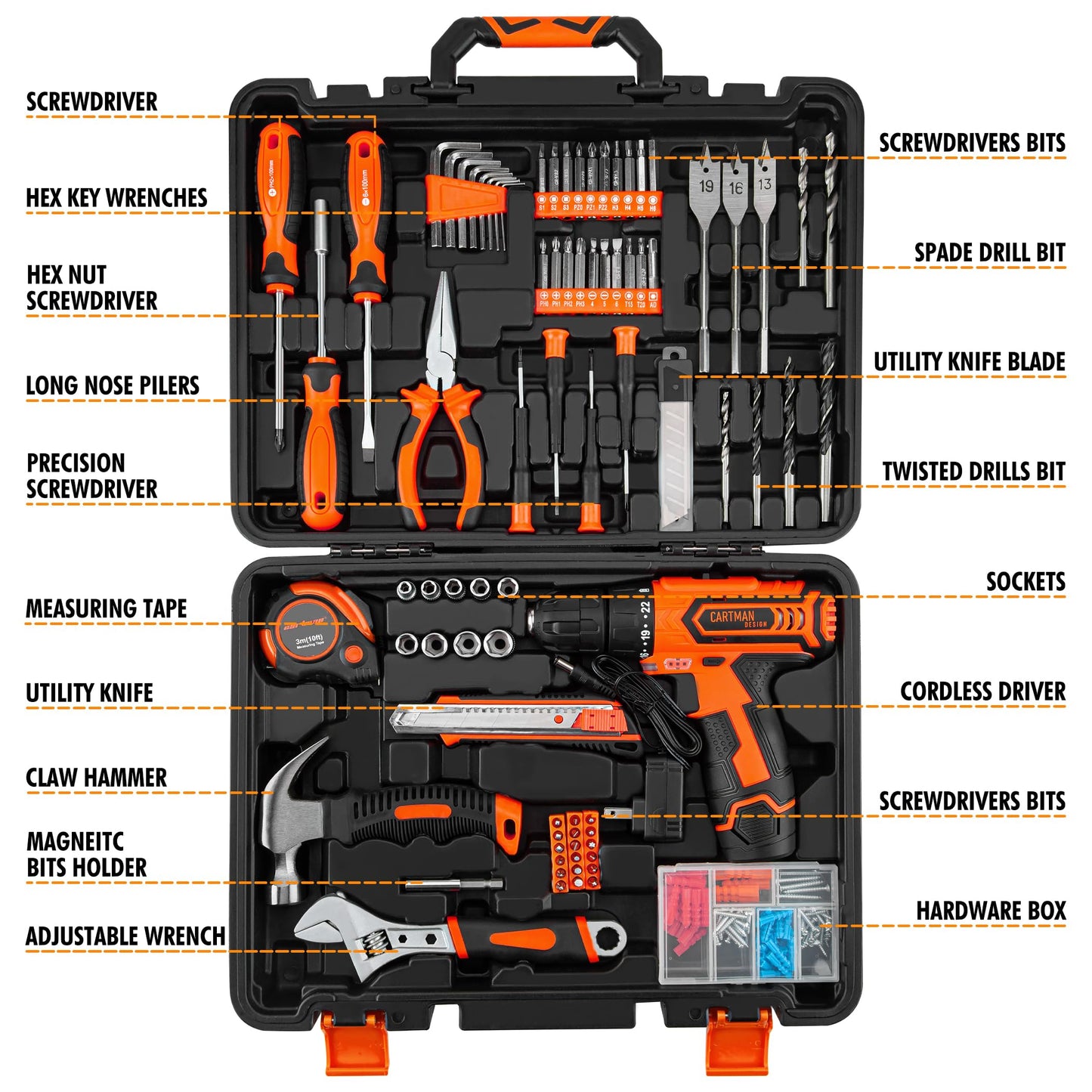 198 Piece CARTMAN 12V Cordless Drill Power Tool Kit