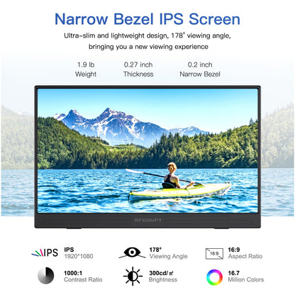 RFGOUPY Portable Monitor, 15.6 Inch 1080P FHD Portable Laptop Monitor USB C HDMI Travel Monitor, Ultra-Slim IPS Second Screen with Smart Cover, External Monitor for Laptop/PC/Mac/Gaming/Phone