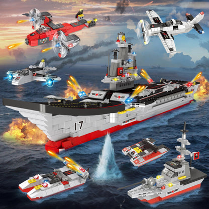 WishaLife 8 in 1 City War Military Aircraft Carrier Toy Building Blocks Set, with Army Truck Toys, Car Toys, boat Toy, Airplane Toy, Helicopter Toy, WW2 Construction Toys Gift for Kids Boys Age 6 Plus