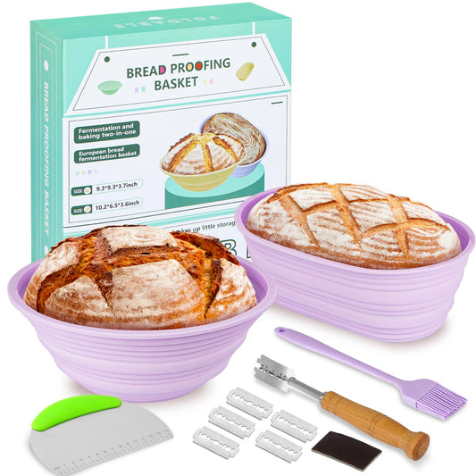 MaMix Banneton Bread Proofing Basket Set of 2, Silicone Sourdough Bread Baking Supplies, 9 inch Round & 10 Oval Sourdough Starter Kit Includes Essential Tools, Easy to Clean and Use (Purple)