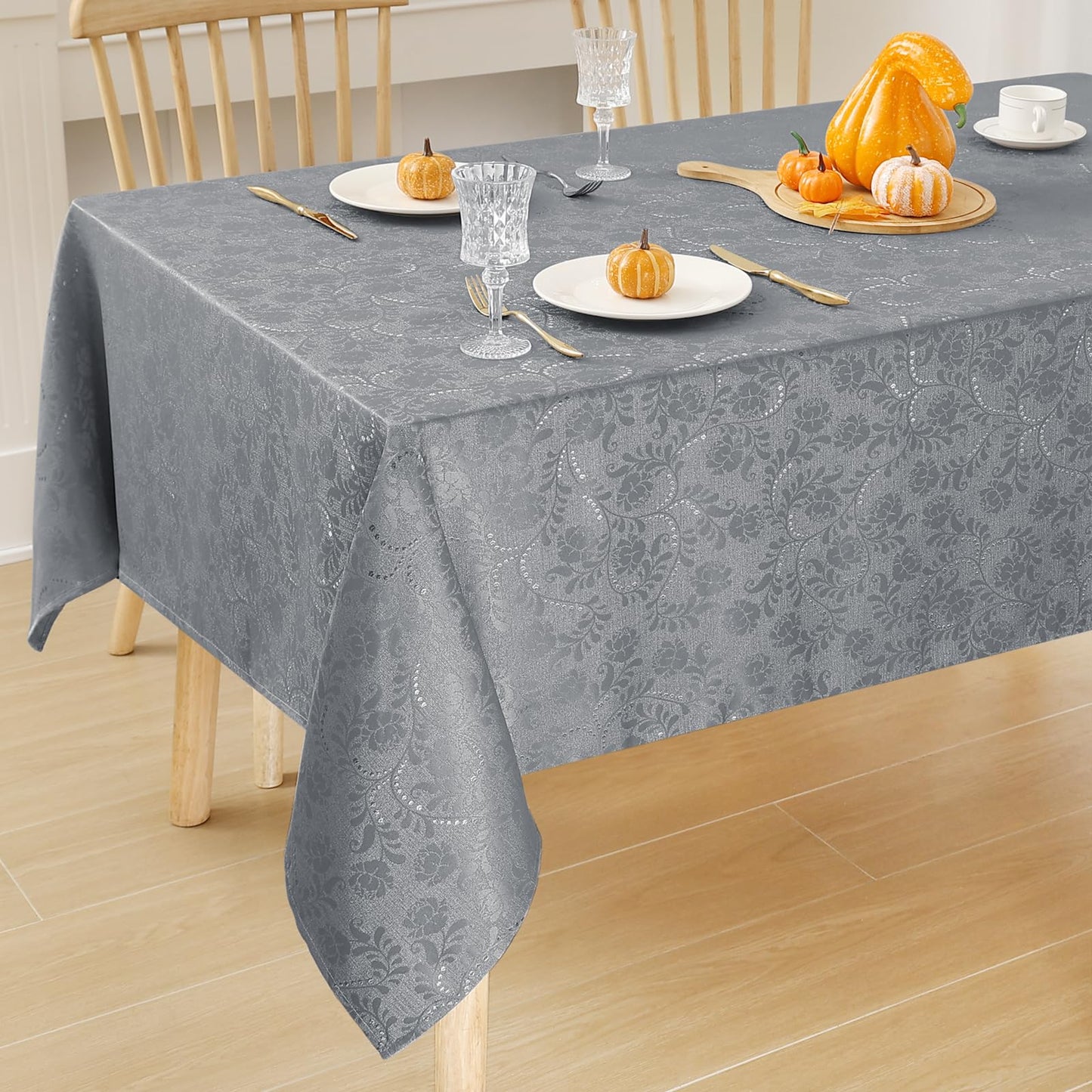 Moosfor Rectangle Tablecloth 60x84 Inch, Waterproof Damask Jacquard Table Cloth, Washable Fabric Table Covers for Dining, Parties, Indoor and Outdoor, Grey