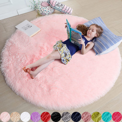 Pink Fluffy Round Rug for Kids Room Decor
