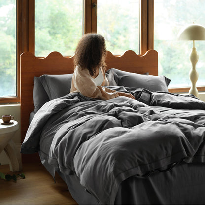 Linen Duvet Cover Set - Queen Size, Charcoal Grey