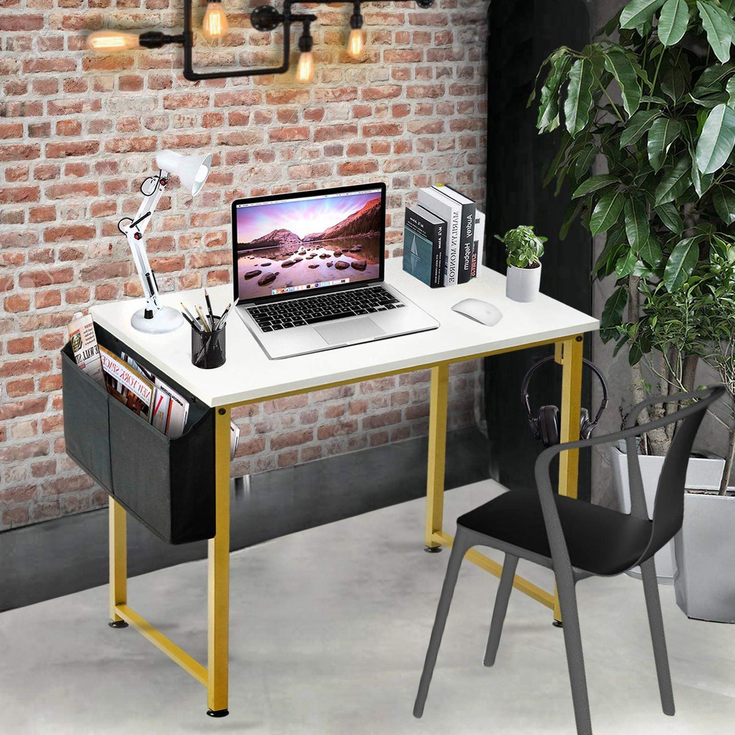 Lufeiya Small Computer Desk White Writing Table for Home Office Small Spaces 31 Inch Modern Student Study Laptop PC Desks with Gold Legs Storage Bag Headphone Hook,White Gold