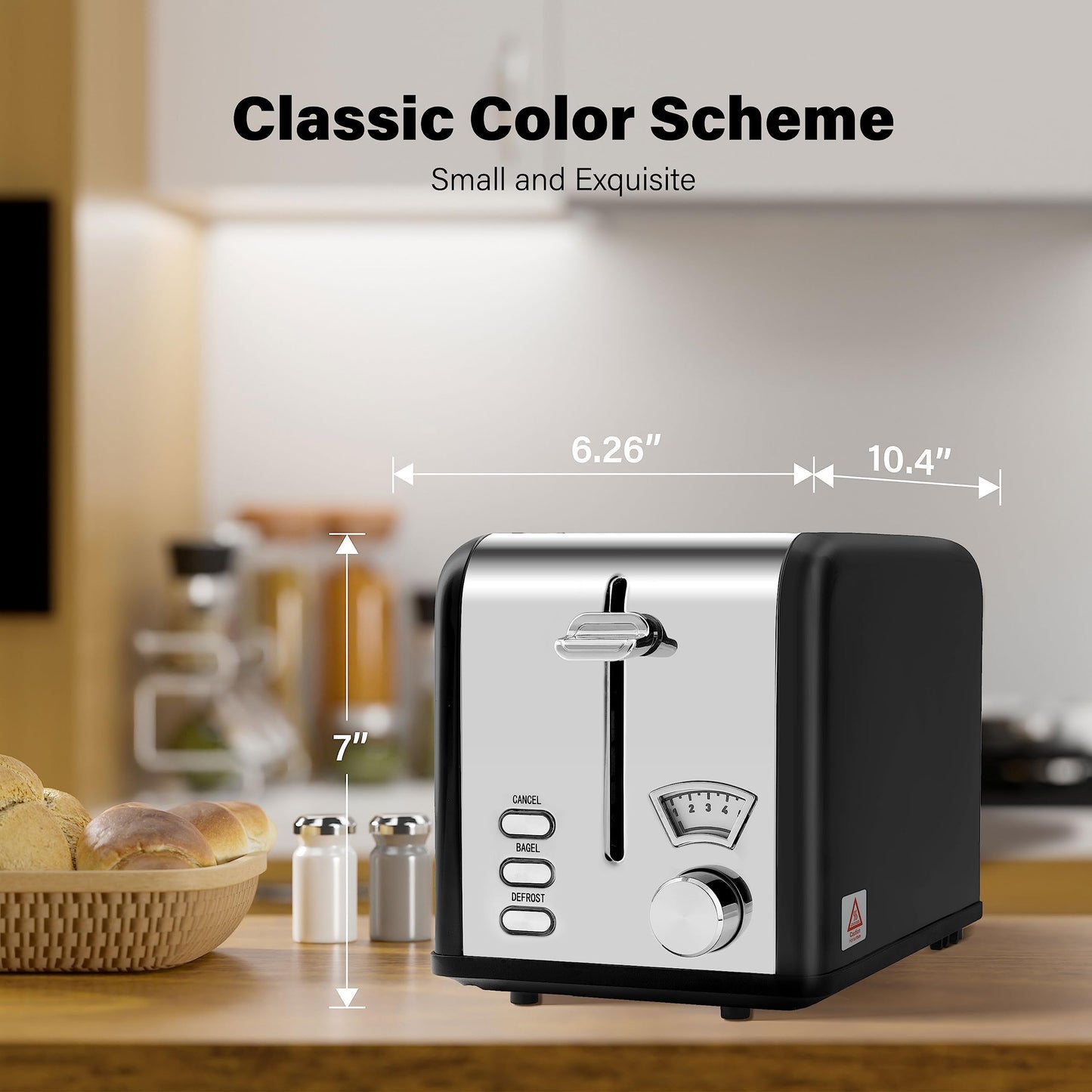 Simple Deluxe 1.5" Wide Slot 2-Slice Toaster, 5 Browning Setting and 3 Function, Retro Stainless-Steel Style, Removable Crumb Tray, Kitchen Essentials, for Bagel, Black
