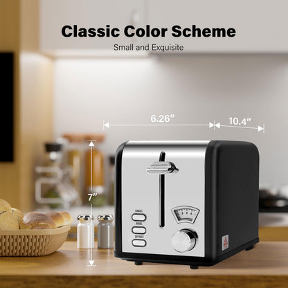 Simple Deluxe 1.5" Wide Slot 2-Slice Toaster, 5 Browning Setting and 3 Function, Retro Stainless-Steel Style, Removable Crumb Tray, Kitchen Essentials, for Bagel, Black