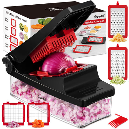 Geedel Vegetable Chopper, Onion Chopper Pro Food Chopper, Kitchen Vegetable Slicer Dicer Cutter Grater, Veggie Chopper with container for Salad Onion Potato Carrot (4 in 1, Red)