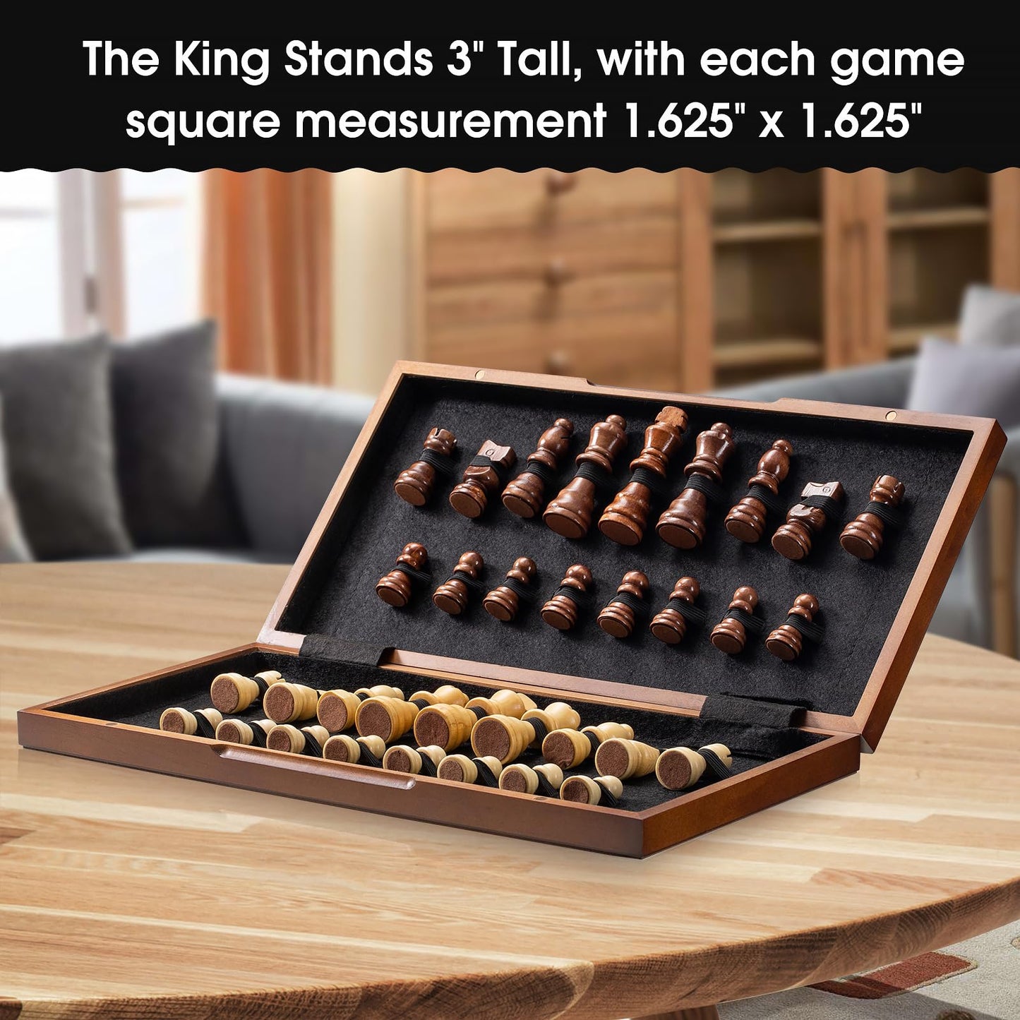ASNEY Wooden Chess Set for Adults, 15" Folding Portable Travel Chess Board Game Set with Magnetic Closure for Kids Adults and Beginner with 2 Extra Queens