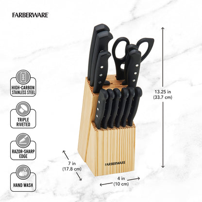 Farberware Triple Rivet High-Carbon Stainless Steel Knife Block and Kitchen Tool Set Precision Cutlery, 22 piece, Black