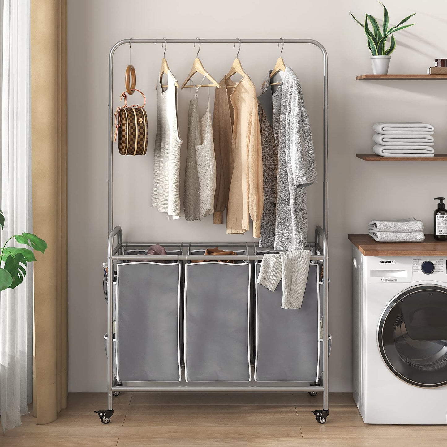 Laundry Sorter 3 Bag Laundry Hamper Cart with Clothes Hanging Bar Rolling Lockable Wheels and Removable Bags for Laundry Room Bathroom Bedroom Clothes Storage, Grey