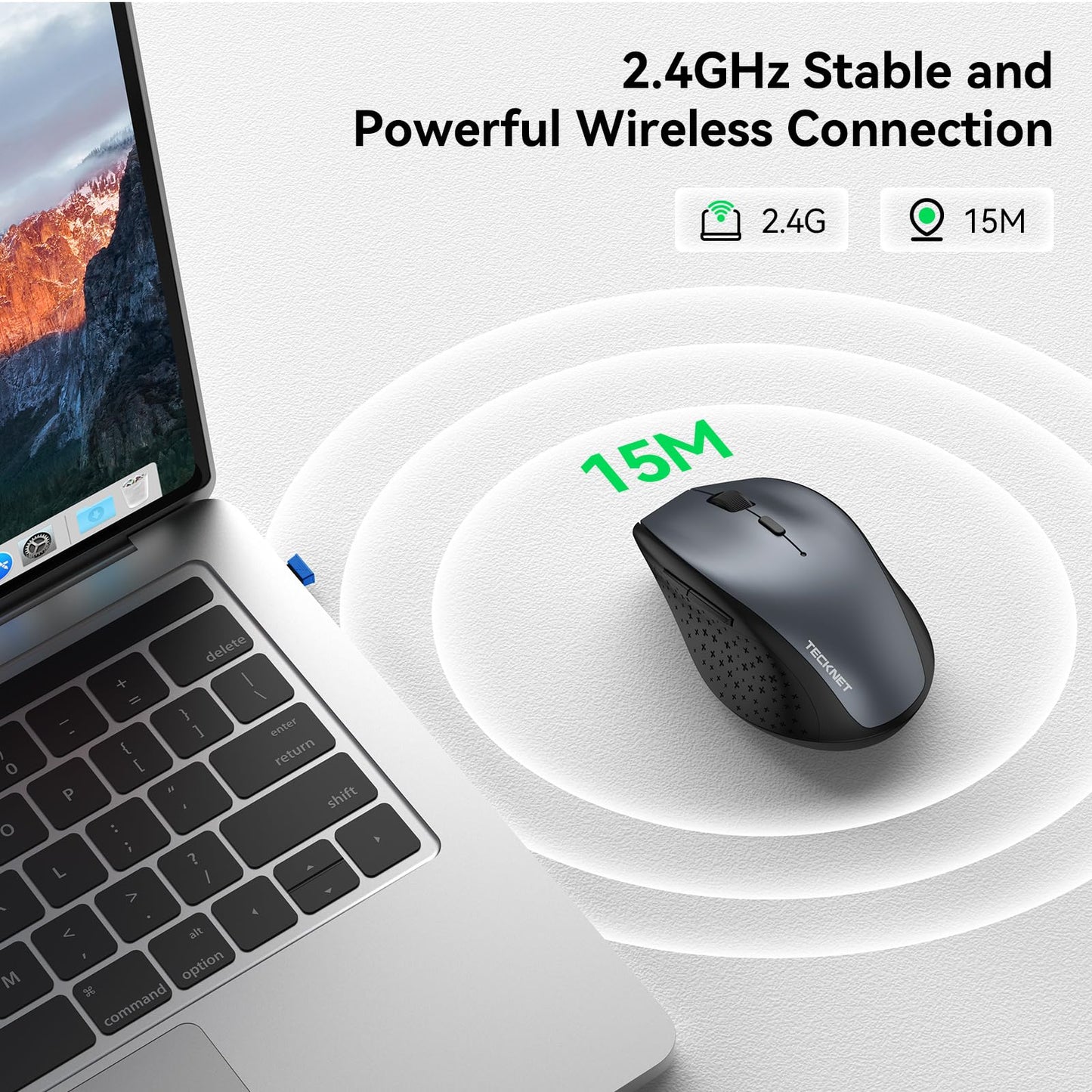 TECKNET Wireless Mouse, 2.4G USB Computer Mouse with 6-Level Adjustable 3200 DPI, 30 Months Battery, Ergonomic Grips, 6 Buttons Portable for PC, Chromebook, Mac - Grey