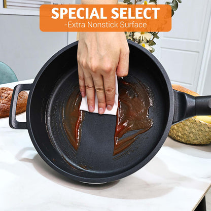 Wodillo Deep Frying Pan with Lid, Nonstick Saute Pan 10inch 2Pcs Kitchen Cookware Sets, Skillet Induction Compatible With Nonstick Marble Coating, 100% APEO&PFOA-Free