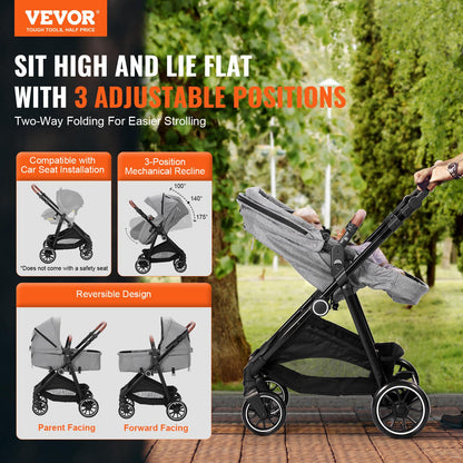 VEVOR Standard Baby Stroller, Infant Toddler Stroller with Bassinet, 3rd-Gear Adjustable Backrest & Foldable & Reversible Seat, Carbon Steel Newborn Stroller with Leg Cover and Mesh Net, Black
