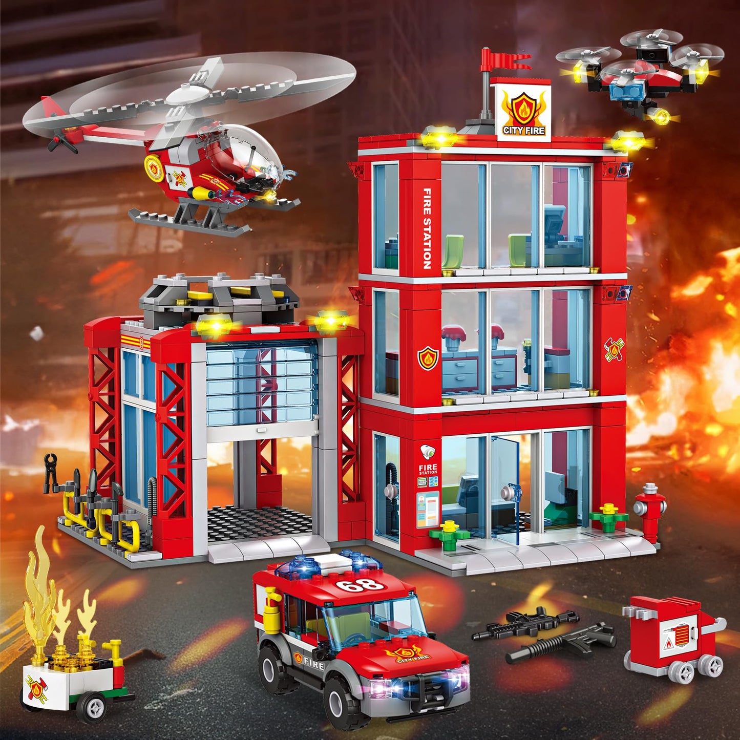 Fire Station Building Blocks Set with Vehicles