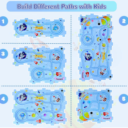 XAZASTOV Puzzle Racer Kids Car Track Set, Plastic Floor Puzzles for Kids Ages 3-5 with Vehicles, Electric Trolley Puzzle, Toys Gifts for 2 3 4 5 6 Year Old Boys Girls, Montessori Toys for 3+ Years