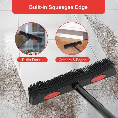 Tiumso Rubber Broom for Carpet, Pet Hair Removal Broom with Squeegee for Floor, Carpet Broom Includes Rubber Brush and Microfiber Cloth for Dog and Cat Hair - Black and Red