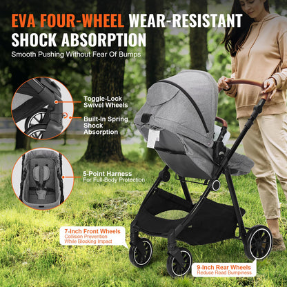 VEVOR Standard Baby Stroller, Infant Toddler Stroller with Bassinet, 3rd-Gear Adjustable Backrest & Foldable & Reversible Seat, Carbon Steel Newborn Stroller with Leg Cover and Mesh Net, Black
