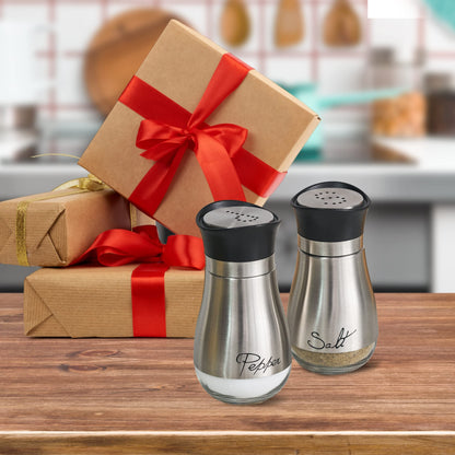 Lonffery Salt and Pepper Shakers Set, Salt Containers for Gifts, Kitchen Decor with Stainless Steel and Glass Bottle, Set of 2