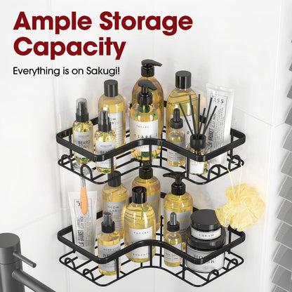 Sakugi Corner Shower Caddy - 2 Pack, Adhesive Shower Organizers, Rustproof Stainless Steel Shower Shelves with 8 Hooks, No Drilling Bathroom Organizers and Storage Racks, Space-Saving, Black,Medium