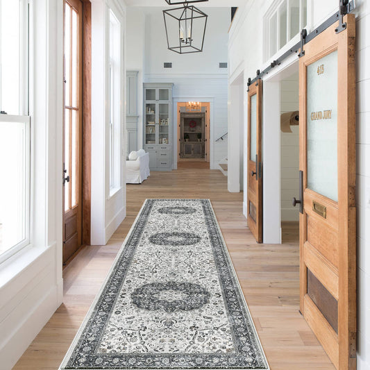 Hallway Washable Runner Rug - 2x7 Kitchen Rugs Entryway Rug Runner Vintage Soft Floor Mat Non Slip Indoor Farmhouse Carpet for Bathroom Living Room Bedroom (2 X 7, Grey)